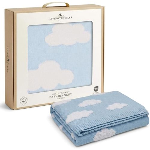 Living Textiles Blue Clouds Knit Boy Baby Blanket Cotton, Soft, Reversible