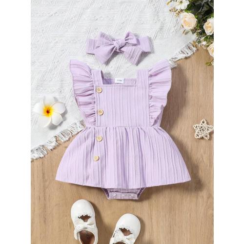 Baby Girl Summer Solid Color Square Collar Ruffle Bodysuit | SHEIN USA