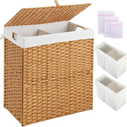 Greenstell Laundry Hamper No Install Needed, Divided Clothes Hamper with 2 Removable Liner Bags, 90L Handwoven Synthetic Rattan Laundry Basket with Lid and Handles, Foldable Natural