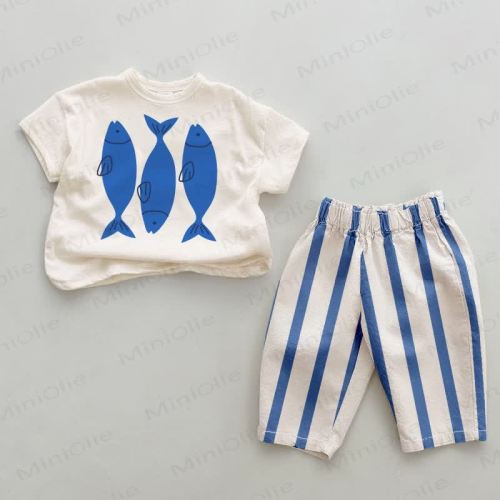 Baby Fishes Blue Vertical Striped 2-piece Set