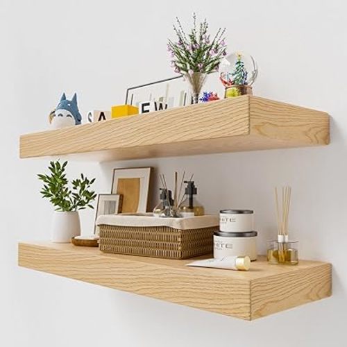 White Oak Floating Shelves, 2-Piece Wood Floating Shelves for Wall, 24W x 8D x 2 Inch Thick Bathroom Shelves Over Toilet, Wall Shelves for Living Room Kitchen Bathroom Laundry, 45LBS Capacity