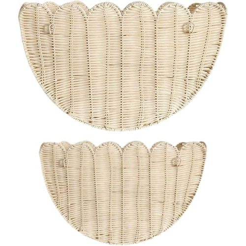 Scalloped Wall Basket,Hand Woven Hanging Wicker Wall Baskets Set, 16 x 10 x 7 & 14 x 8 x 6 Inch Scalloped Rattan Wall Basket Decor for Home,Bathroom,Living Room Organizing