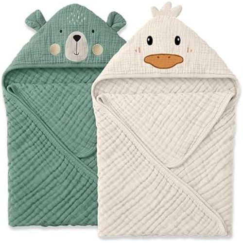 2 Pack Muslin Baby Hooded Towel, Soft and Absorbent Bath Towel for Newborn, Infant, Toddler, Unisex, 32″x37″, Duck & Bear