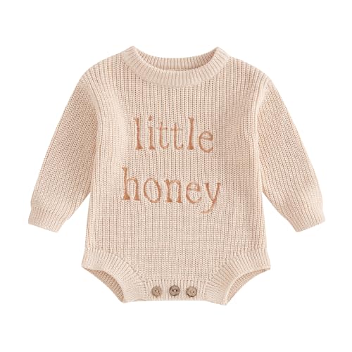 Lesimsam Newborn Baby Boy Girl Valentines Outfit Oversized Embroidery Long Sleeve Knit Sweater Bubble Romper Bodysuit