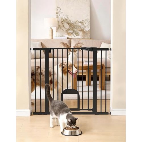 Babelio 36" Tall Upgraded Baby Gate with Cat Door, CatPrivilege Ⅲ, Auto Close Durable Dog Gate for Stairs, Doorways and House, Easy Walk Thru Safety Gate with Pet Door Includes 4 Wall Cups, Black