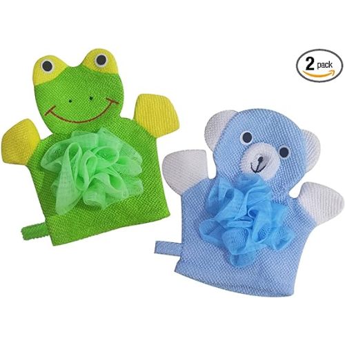 Kids Bath Mitts Loofah for Kids 2 Pack Exfoliating Glove Body Scrubber for Shower Wash Cute Design Gloves, Easy to Lather
