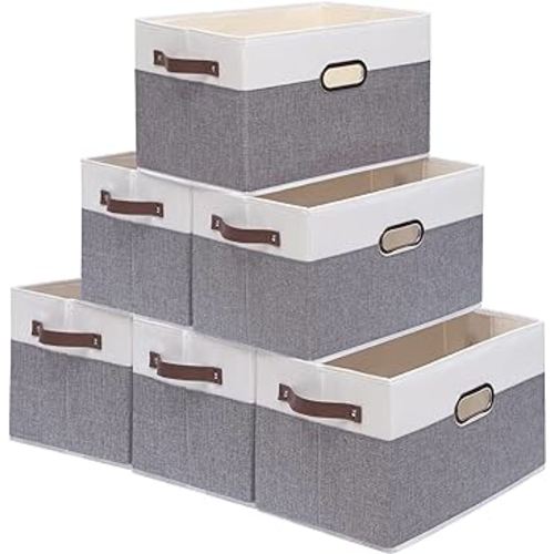 Yawinhe Fabric Storage Baskets, Foldable Closet Organizer for Shelves, Large Storage Boxes With 3 Handles, Canvas Storage Bins for Clothes, White/Grey, 12.99''Lx9.05''Wx7.87''H, 6-Pack