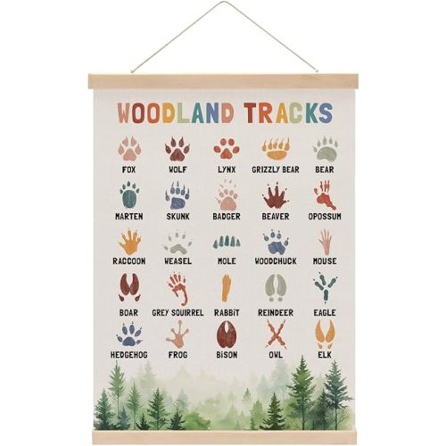 Boho Animal Woodland Tracks Poster Hanger, Forest Jungle Animals Nursery Decor Wall Decor, Paw Print Educational Posters Country Wall Art Wall Hanging Banner Farmhouse Home Playroom Baby Room Decor