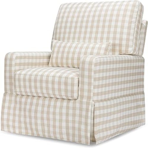 NAMESAKE Crawford Pillowback Comfort Swivel Glider in Tan Gingham, Water Repellent & Stain Resistant, Greenguard Gold & CertiPUR-US Certified