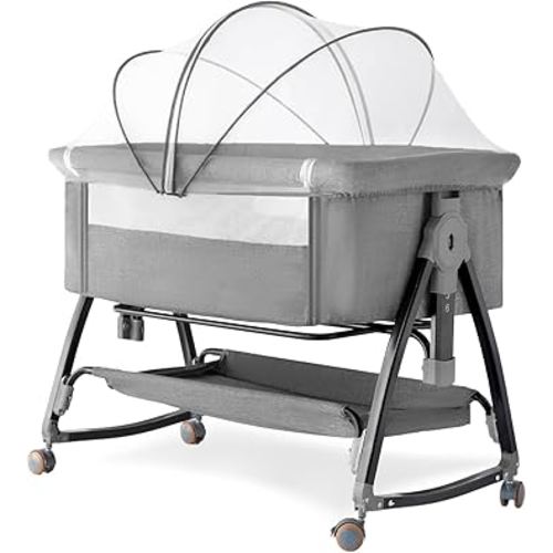 Bedside Crib, 3 in 1 Bassinet with Quick Height Adjustment and Mosquito Nets, Easy to Fold, Portable Beside Bassinet with Golden Triangle Structure, CPSC Certification