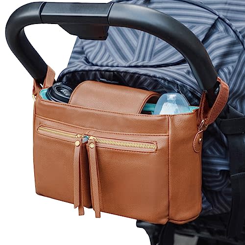 MOMINSIDE Organizer With Insulated Cup Holders, 10 Pockets Accessories Leather, Universal Stroller Caddy, Adjustable Straps, Zippered Pocket, Fit All Strollers (Brown)