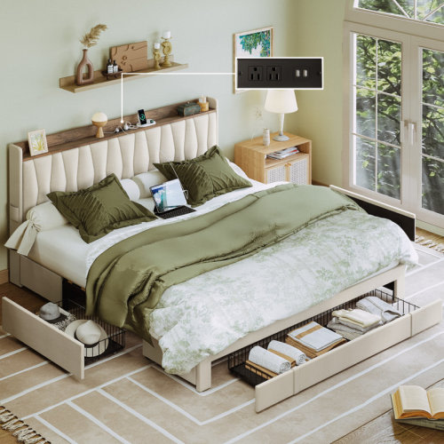 Ivy Bronx Upholstered Bed Frame with 3 Drawers, Bed with Storage Headboard and Charging Station "& Reviews" | Wayfair