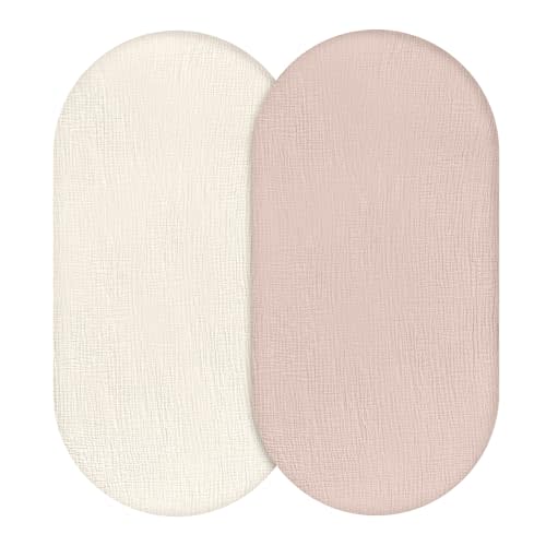 Muslin Bassinet Fitted Sheets, 2 Pack for Baby Boy and Girl, Soft Breathable Stretchy Baby Pad/Mattress Sheet Set, Universal Fit for Hourglass Oval and Rectangle Bassinet Mattress (Gentle Colors)