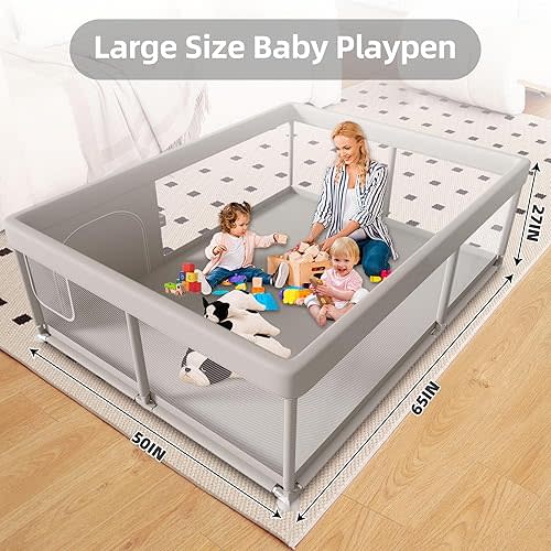 Baby Playpen with Mat 65 x 50 Inch, PlayPen for Babies and Toddlers, Sturdy Safety Play Yard for Indoor & Outdoor with Zipper Gates