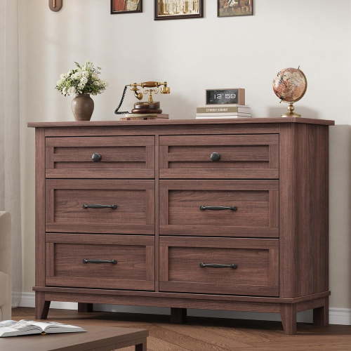 Brown Versatile Classic Dark Brown Wooden Dresser with 6 Drawers, Elegant Cabinet for Living Room, Bedroom,