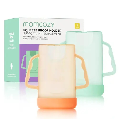 Momcozy Squeeze Pouch Holder for Food Pouches and Drink Boxes, Baby Pouch Holder Allows Baby to Self-feed and Avoid Messes, Baby Food Pouch Holder Handle is Easy to Grip, Comfortable, Green&Orange