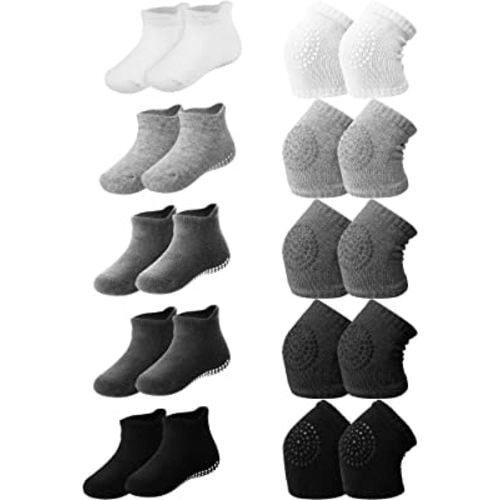 10 Pairs Baby Crawling Anti Slip Knee Pads and Anti Slip Baby Socks Set Unisex Toddler Knee Protectors Non Slip Ankle Socks