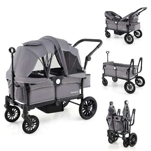 BABY JOY Wagon Stroller for 2 Kids, Collapsible Push Pull Double Stroller Wagon with Adjustable Handle Bar, Removable Canopy, Safety Harness, Cup Holder, Snack Tray & Storage Bag (Gray)
