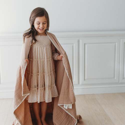 Organic Baby Blanket Muslin - Pecan + Natural Lace