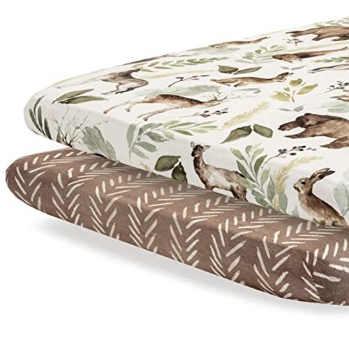 Pobibaby - 2 Pack Premium Pack N Play Sheets Fitted for Standard Pack and Plays and Mini Cribs - Ultra-Soft Cotton Blend, Stylish Woodland Pattern, Safe and Snug for Baby (Wildlife)