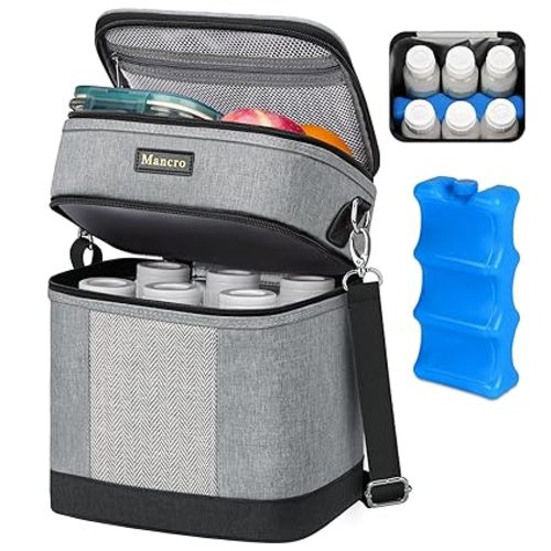 Mancro Breastmilk Cooler Bag with Ice Pack, Double Layer Breast Milk Cooler Bag Fits 6 Bottles Up to 9 Ounces, Waterproof Bottle Storage Bag for Nursing Mom Daycare, Blue