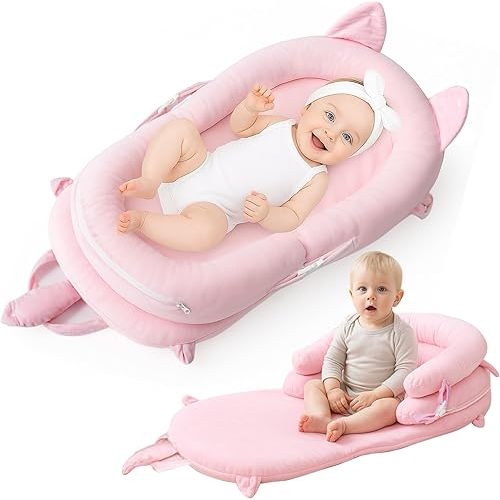 3-in-1 Baby Lounger, Tummy Time Mat & Seated Support Pillow, Baby Lounger for Newborn 0-24 Months, Breathable Portable Infant Lounger for Home Travel, with Detachable Support Pillow-Pink