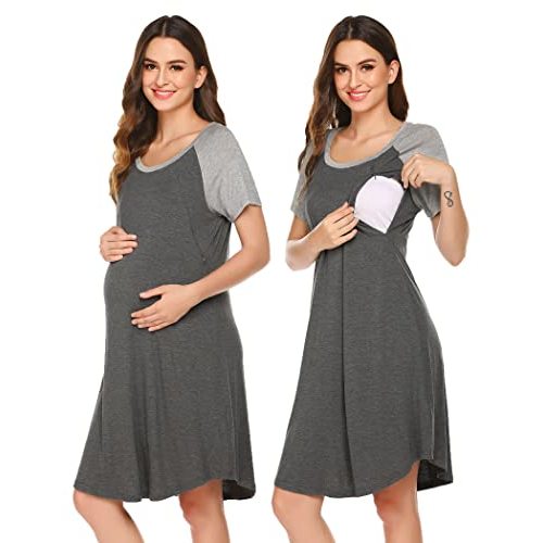 Ekouaer Nursing Gown 3 in 1 Delivery/Labor/Nursing Nightgown Women Maternity Hospital Pregnancy Gown (Medium Grey 3-M)