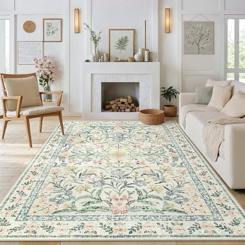 Morebes Boho Rugs for Living Room, Large 8 x 10 Area Rugs for Living Room Non Slip,Soft Ultra-Thin Distressed Floral Throw Carpet for Bedroom Office Dining Room, Cream/Multi