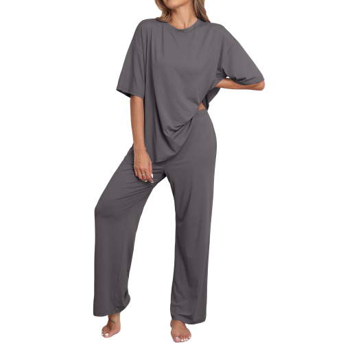 MINTREUS Lounge Sets for Women Knit Short Sleeve Tops and Long Pants Soft Comfy Pajamas Set Oversized 2 Piece Outfits