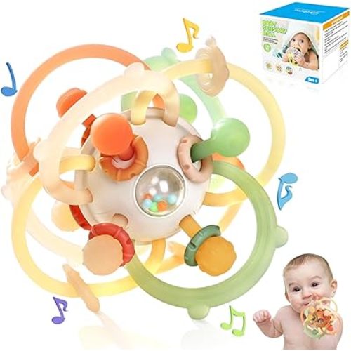 Orzbow Baby Sensory Teething Teether Toys, Infant Montessori Toys, Silicone Baby Rattle Balls Toys, Baby Chew Toys for 3-6-12-18 Months Sucking Needs, Teethers Relief, BPA Free, Brown