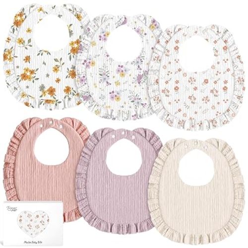 6 Pack Muslin Baby Bibs for Girls Boys, Drool Bibs with Ruffle Trim, Floral | 100% Muslin Cotton, Extra Soft and Absorbent, Adjustable Bibs for Drooling & Teething, Large Coverage, Newborn to Toddler