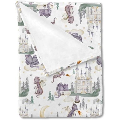 HawSkgFub Cute Dragon Fairy Tale Baby Blanket Girl Shower Gift, Purple Castle Cloud Moon Star Flannel Fleece Nursery Bed Receiving Blankets, Soft Lightweight Newborn Infant Toddler Crib Bedding 30x40