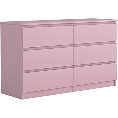 Vibe & Dine 6 Drawer Double Dresser, Modern Chest of Drawers with Wide Storage for Closet, Bedroom, Living Room, Pink