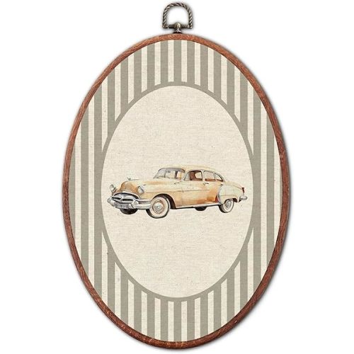 Vintage Original Car Nursery Oval Wall Art Framed, Grey Striped Watercolor Vehicles Canvas Prints, Unique Car Decoration Hanging Wall Decor for Kids Toddler Room Bedroom Playroom, 8.6x11.4 Inch
