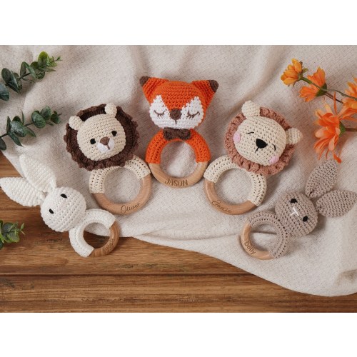 Personalized Animal Crochet Rattle,Custom Wooden Baby Rattle,Engraved Crochet Toy Rattle With Name For Baby,Baby Shower Gift,Newborn Gift