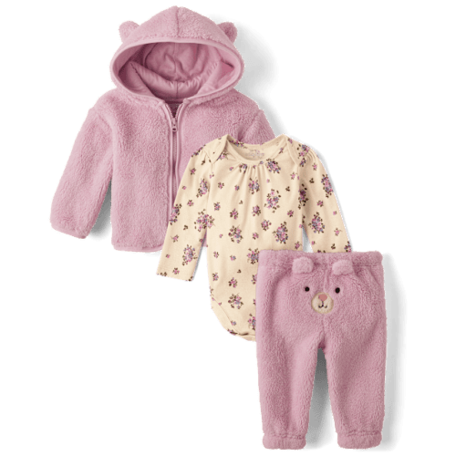 Baby Girls Embroidered Bear 3-Piece Playwear Set - Purple