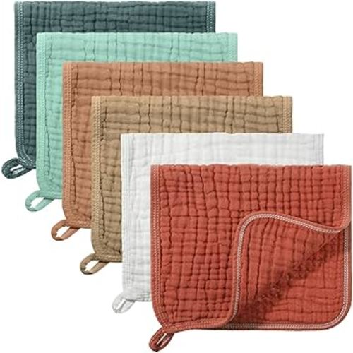Hicarer 6 Count Muslin Burp Cloths Cotton Baby Burping Rags Large 20 x 10 Inch 6 Layers Spit up Rags Soft Absorbent Multicolor Wash Cloths Diapers for Newborn Baby Girl Boy(Cute Color Series)