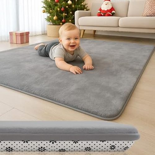 Thick Padded Baby Floor Play Mat 1.2" Cushioned Velvet Surface Non Slip Bottom High Density Foam Safe and Soft Floor Mat for Infants Toddlers and Playpen Use (Gray, 79X71)