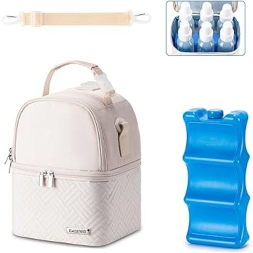 BABEYER Breastmilk Cooler Bag with Ice Pack Fits 6 Baby Bottles up to 9 Ounce, Breast Milk Pump Cooler Bag with Shoulder Strap for Nursing Mom Daycare, Work, Travel- Cream