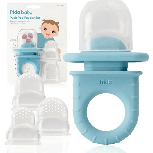 Frida Baby Push Pop Feeder, Baby Fruit Feeder, Baby Fruit Food Feeder to Safely Introduce New Foods, Fresh + Frozen Food Silicone Feeder for Babies, BPA Free, Dishwasher Safe | 3 Count, Blue