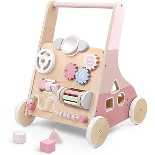 PairPear Wooden Baby Walker Push and Pull Learning Activity Walker,Toddler Sit to Stand Push Walker Toys Gift for Baby Boys and Girls 12 m+