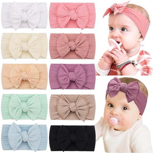 CÉLLOT 10 Colors Super Stretchy Soft Knot Baby Girl Headbands with Hair Bows Nylon Head Wrap For Newborn Baby Girls Infants Toddlers Kids