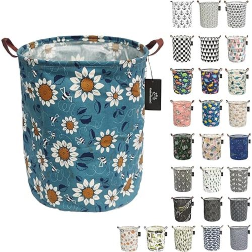 GodenMoninG Collapsible Laundry Basket 62.8L Large Sized Round Waterproof Storage Bin with Handles,Home Decor,Toy Organizer,Children Nursery Hamper. (Bees and sunflowers)