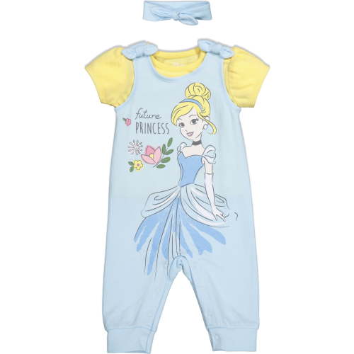 Disney Princess Cinderella Newborn Baby Girls French Terry Snap Romper T-Shirt and Headband 3 Piece Outfit Set Newborn to Infant