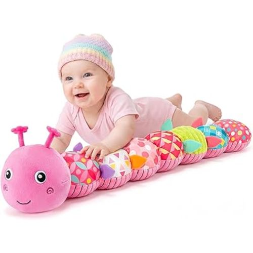 Baby Sensory Toys 0-6 6-12 Months, Music Animal Stuffed Caterpillar Toy for Infant 0-3-6-12 Month, Tummy Time Toys with Crinkle and Rattles for Newborn, Car Seat Toy Baby Boy Girl Gifts (Pink)
