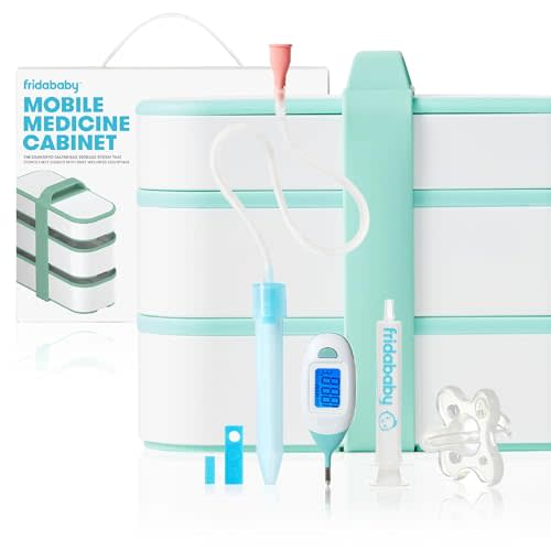 Frida Baby Mobile Medicine Cabinet Travel Kit | Baby Essentials Gift Set Includes NoseFrida Snotsucker, Rectal Thermometer, MediFrida Medicine Dispenser with Portable Carrying Case