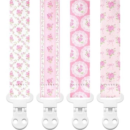 Stadela Baby Fabric Pacifier Clip Holder, Plastic Clip, 4‑Pack, Floral Pattern, Juliette Set