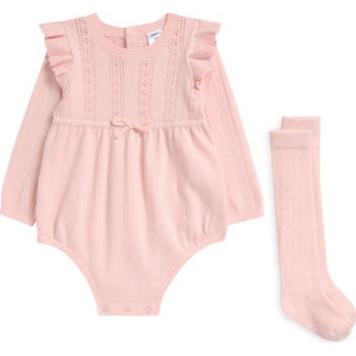 Pointelle Long Sleeve Sweater Romper & Socks Set, 6M