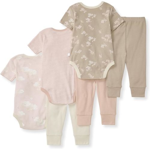 Burt's Bees Baby Unisex Baby 6-Piece Bodysuit and Pant Set, 100% Organic Cotton Infant Outfit Baby Essentials