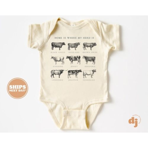 Baby Bodysuit Home is Where My Herd is Bodysuit Cute Farm Animal Cow Baby Retro Natural Baby Bodysuit 5624 - Etsy
